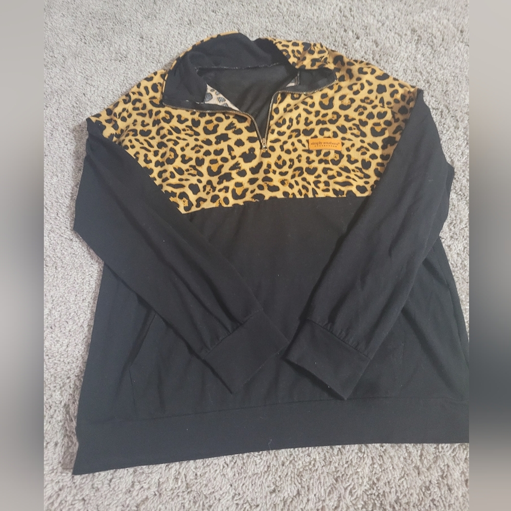 Simply Southern Leopard Pullover Quarter Zip Black Gold Sequin Logo Size L